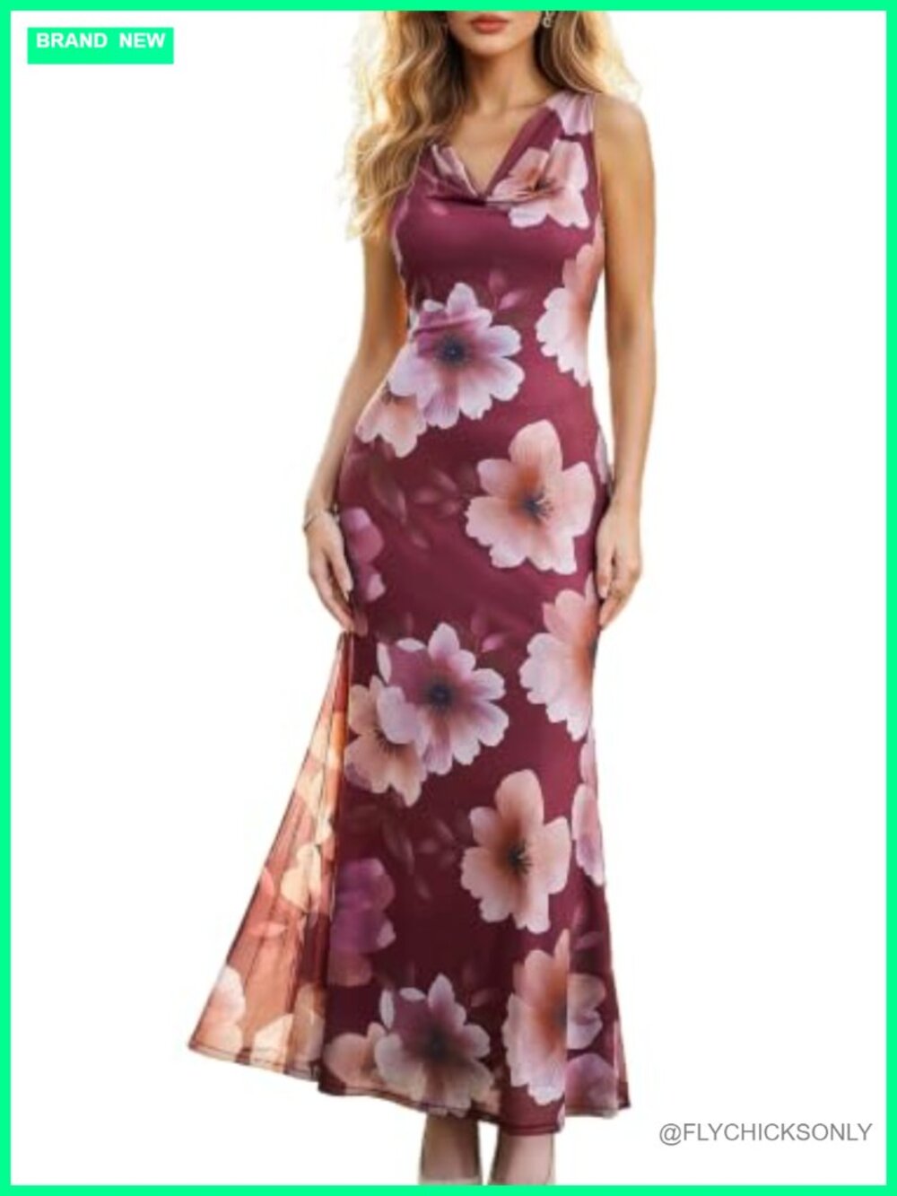 Floral Mesh Formal Maxi Dress Cowl Neck Mermaid Sleeveless Wedding Guest